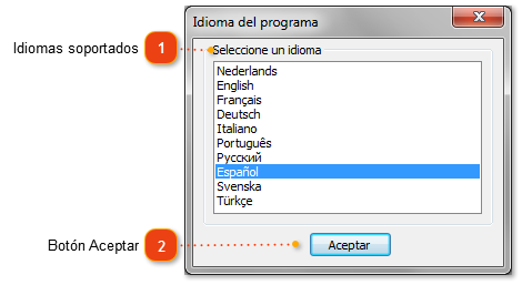 Ventana del idioma del programa