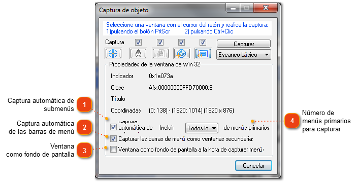 Diálogo de captura de objeto: configuración de Win32
