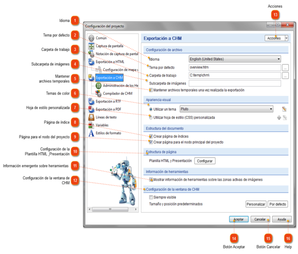 Configuración de la exportación a CHM