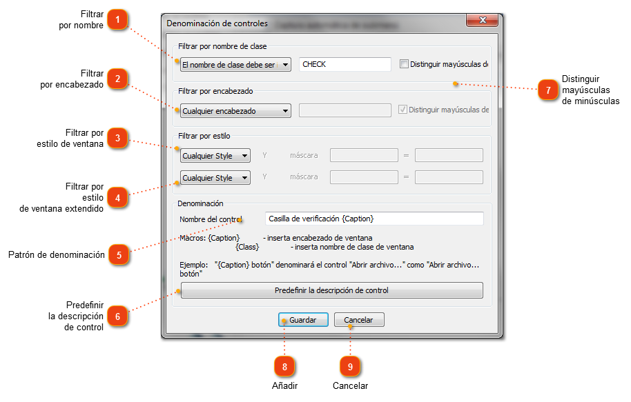Edición de las reglas de denominación de los controles Win32
