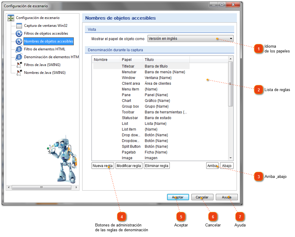 Configuración de escenarios: reglas de denominación