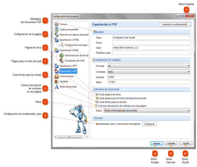 Configuración de la exportación a PDF