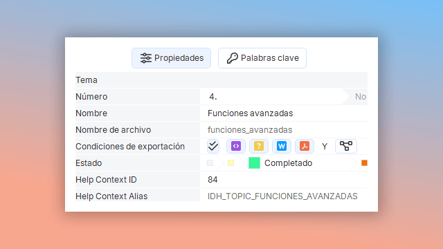 Panel de propiedades en la herramienta de autoría de ayuda